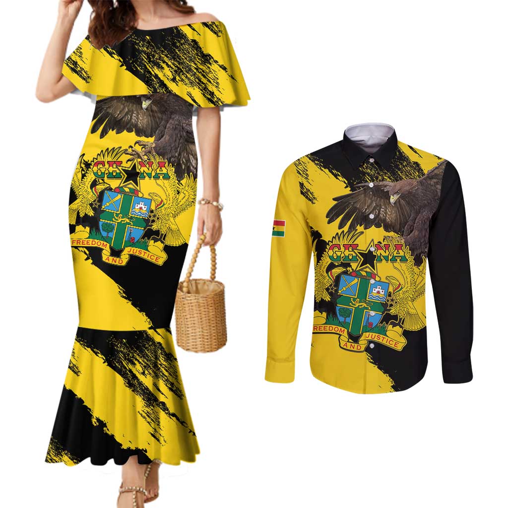 Ghana Eagle Couples Matching Mermaid Dress and Long Sleeve Button Shirt Coat Of Arms - Grunge Style