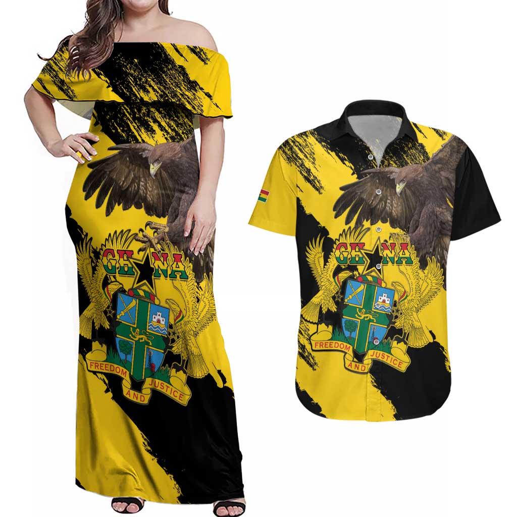 Ghana Eagle Couples Matching Off Shoulder Maxi Dress and Hawaiian Shirt Coat Of Arms - Grunge Style