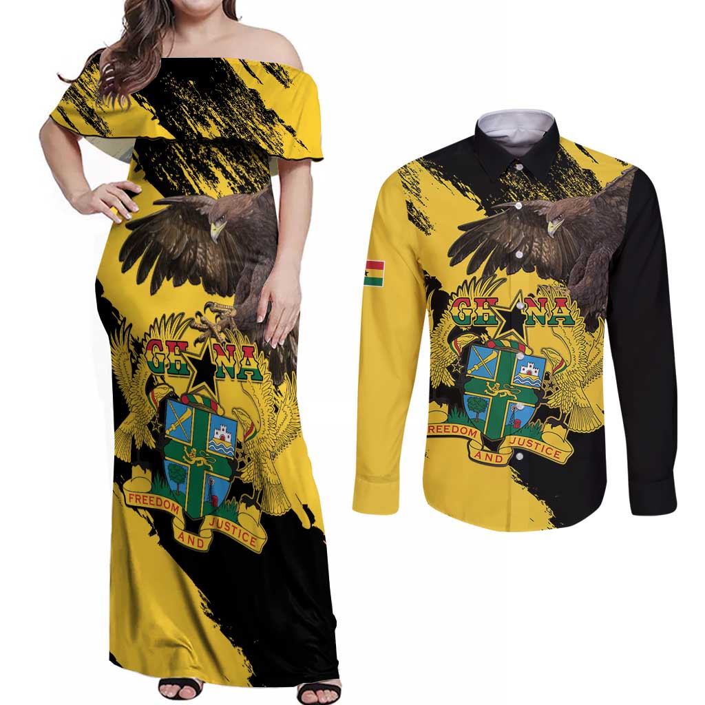 Ghana Eagle Couples Matching Off Shoulder Maxi Dress and Long Sleeve Button Shirt Coat Of Arms - Grunge Style