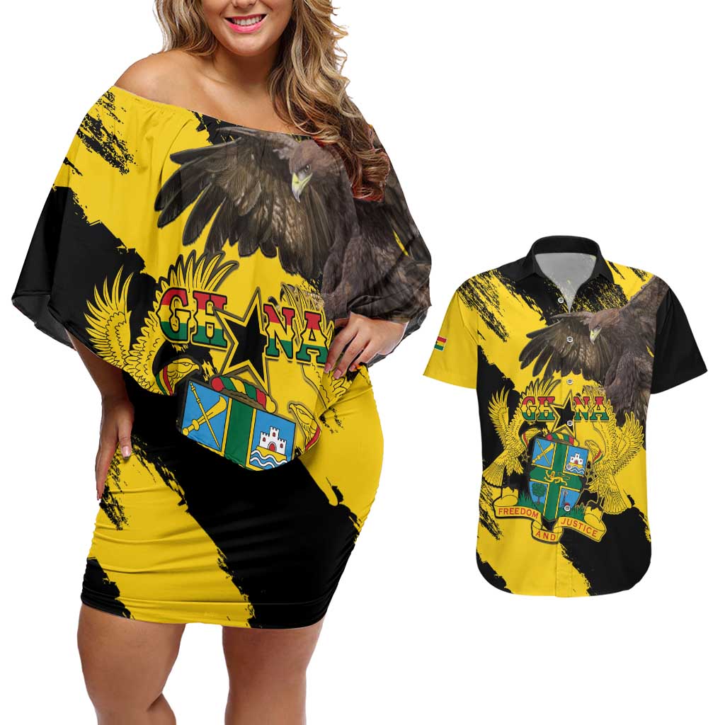 Ghana Eagle Couples Matching Off Shoulder Short Dress and Hawaiian Shirt Coat Of Arms - Grunge Style