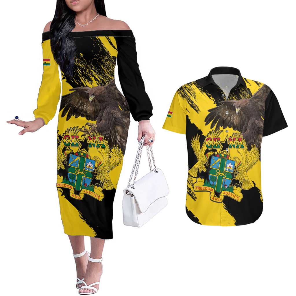 Ghana Eagle Couples Matching Off The Shoulder Long Sleeve Dress and Hawaiian Shirt Coat Of Arms - Grunge Style