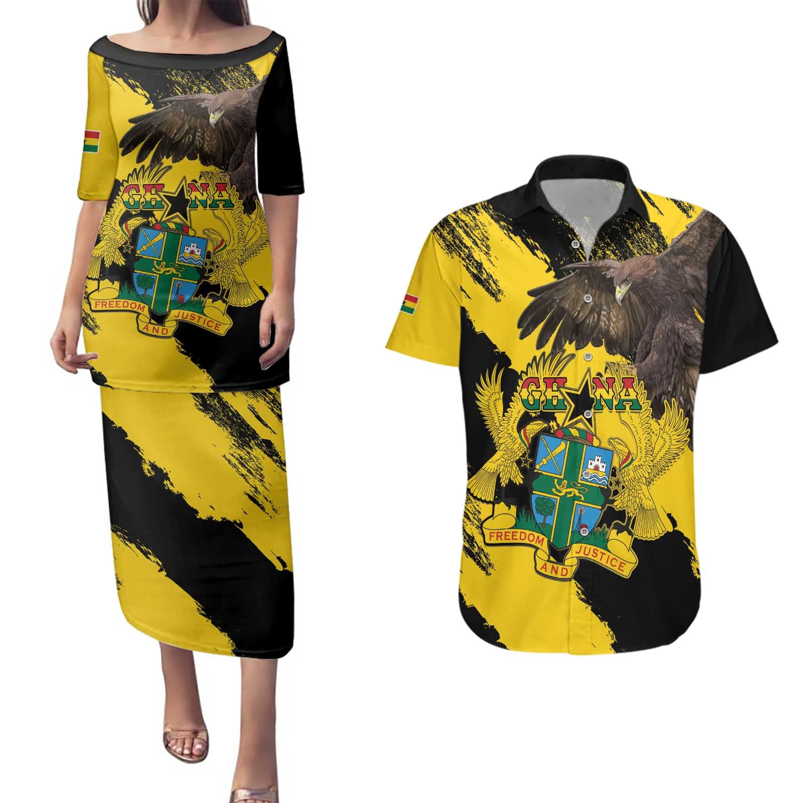 Ghana Eagle Couples Matching Puletasi and Hawaiian Shirt Coat Of Arms - Grunge Style