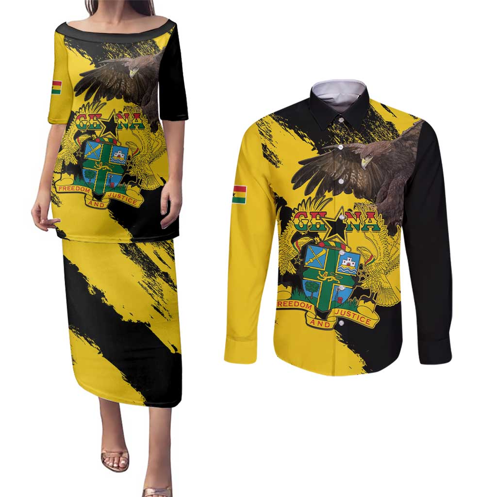 Ghana Eagle Couples Matching Puletasi and Long Sleeve Button Shirt Coat Of Arms - Grunge Style