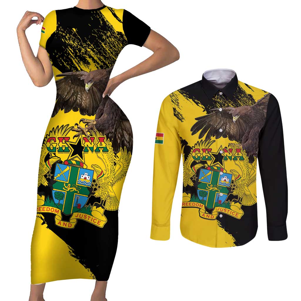 Ghana Eagle Couples Matching Short Sleeve Bodycon Dress and Long Sleeve Button Shirt Coat Of Arms - Grunge Style