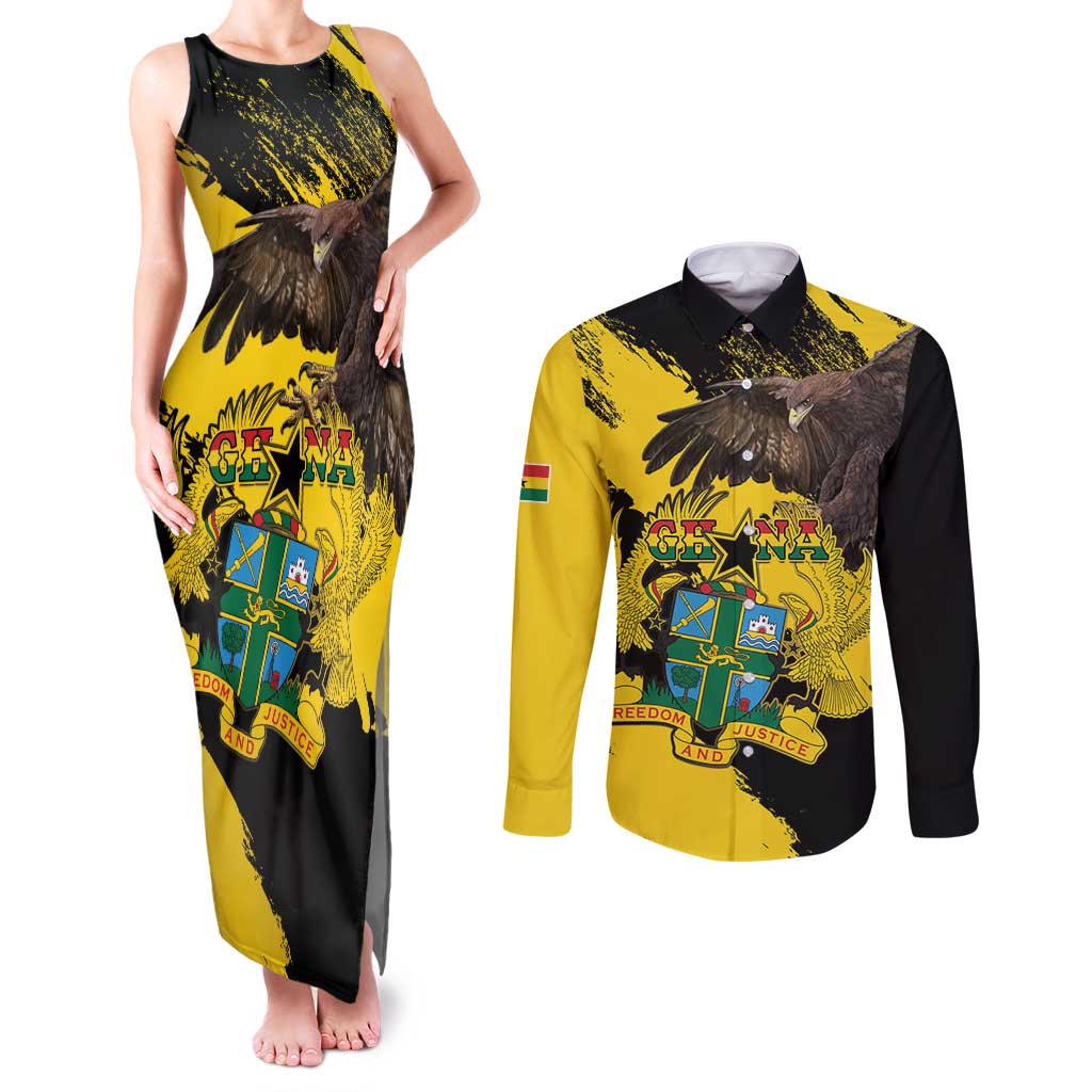 Ghana Eagle Couples Matching Tank Maxi Dress and Long Sleeve Button Shirt Coat Of Arms - Grunge Style