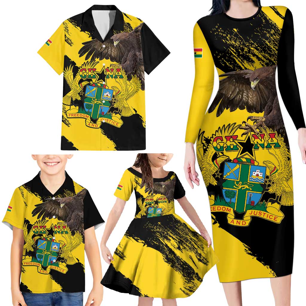 Ghana Eagle Family Matching Long Sleeve Bodycon Dress and Hawaiian Shirt Coat Of Arms - Grunge Style