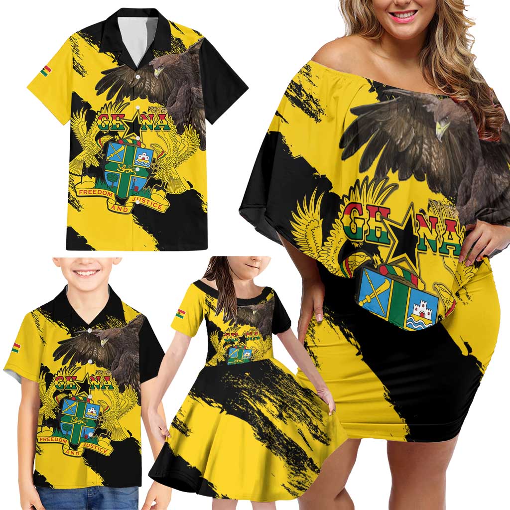 Ghana Eagle Family Matching Off Shoulder Short Dress and Hawaiian Shirt Coat Of Arms - Grunge Style