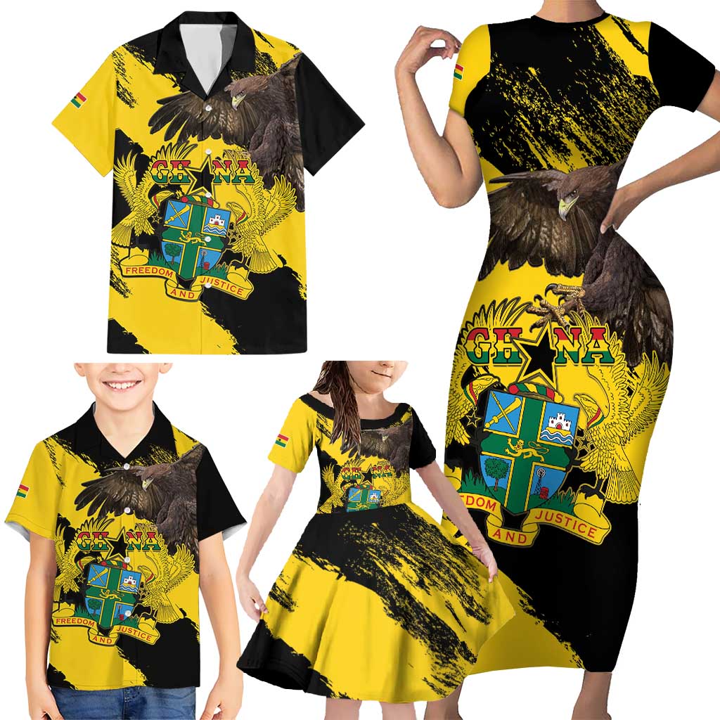 Ghana Eagle Family Matching Short Sleeve Bodycon Dress and Hawaiian Shirt Coat Of Arms - Grunge Style