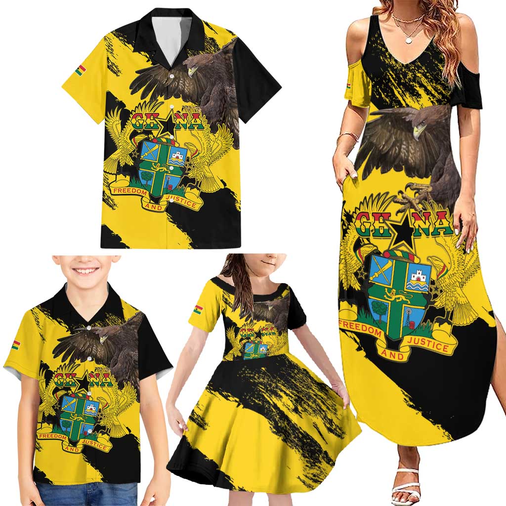 Ghana Eagle Family Matching Summer Maxi Dress and Hawaiian Shirt Coat Of Arms - Grunge Style