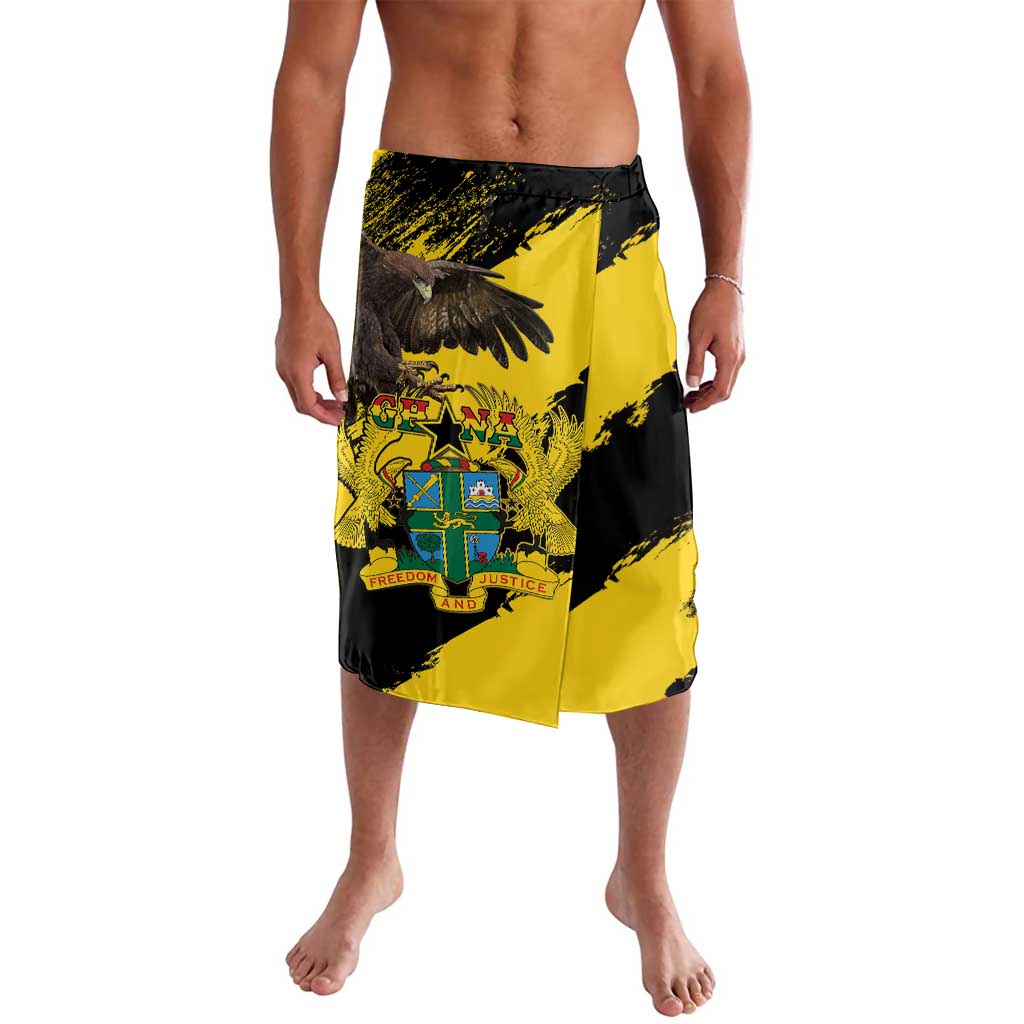 Yellow and black printed lavalava wrap skirt with Ghana coat of arms and eagle