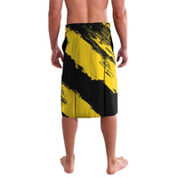 Yellow and black printed lavalava wrap skirt, black diagonal panel and hem