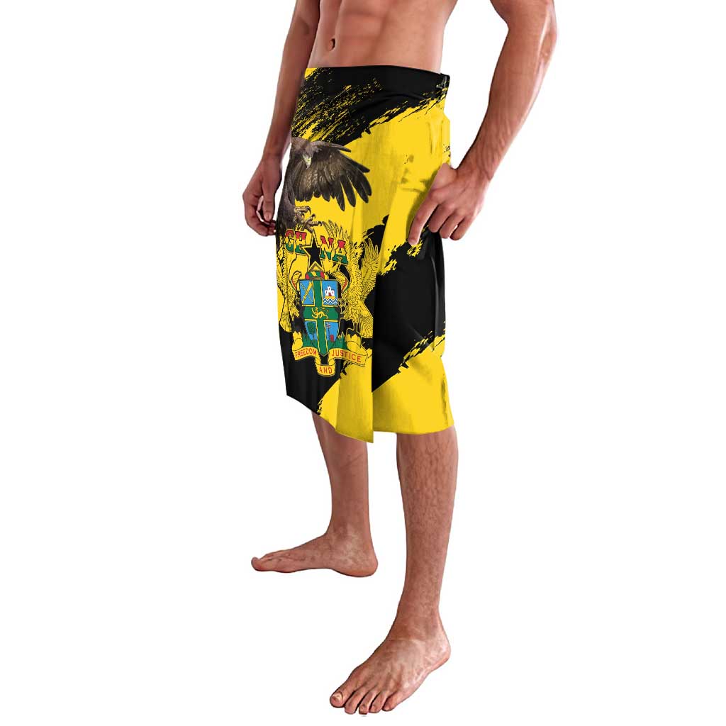 Yellow and black printed lavalava wrap skirt with eagle crest and coat of arms
