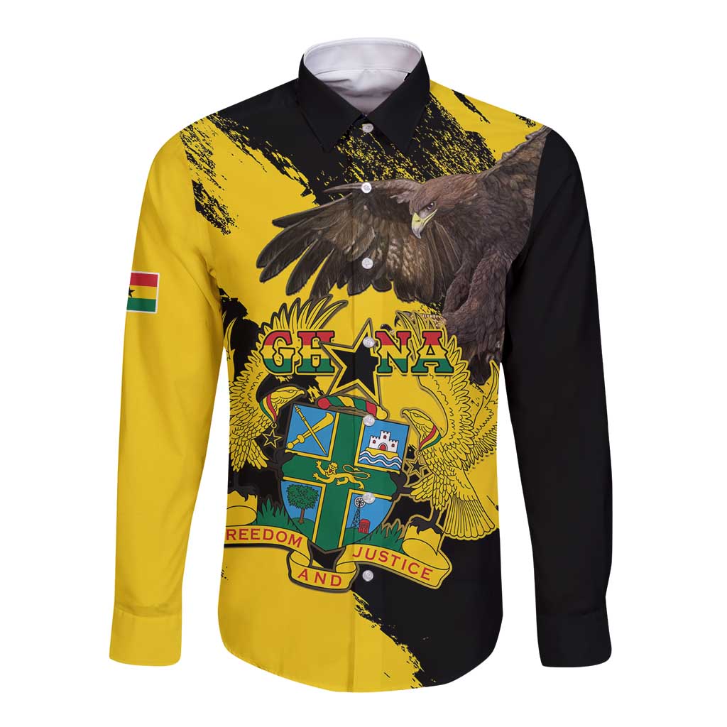 Ghana Eagle Long Sleeve Button Shirt Coat Of Arms - Grunge Style