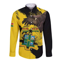 Yellow and black long-sleeve button shirt with eagle coat-of-arms print
