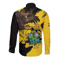 Back of yellow and black long-sleeve button shirt with large eagle crest print