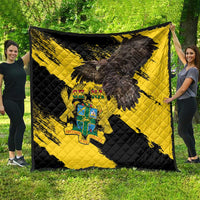 Ghana eagle quilt blanket spread out, black-and-yellow diagonal stripes with large eagle