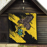 Ghana eagle quilt blanket hanging in doorway, black-and-yellow diagonal stripes