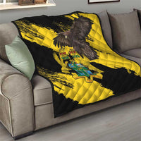 Ghana eagle quilt blanket draped on sofa, black-and-yellow diagonal stripe with eagle