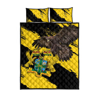 Yellow and black eagle quilt bed set with coat of arms, diamond quilting, 2 pillowcases