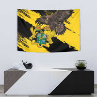 Ghana coat of arms tapestry with soaring gray eagle over yellow and black grunge stripes