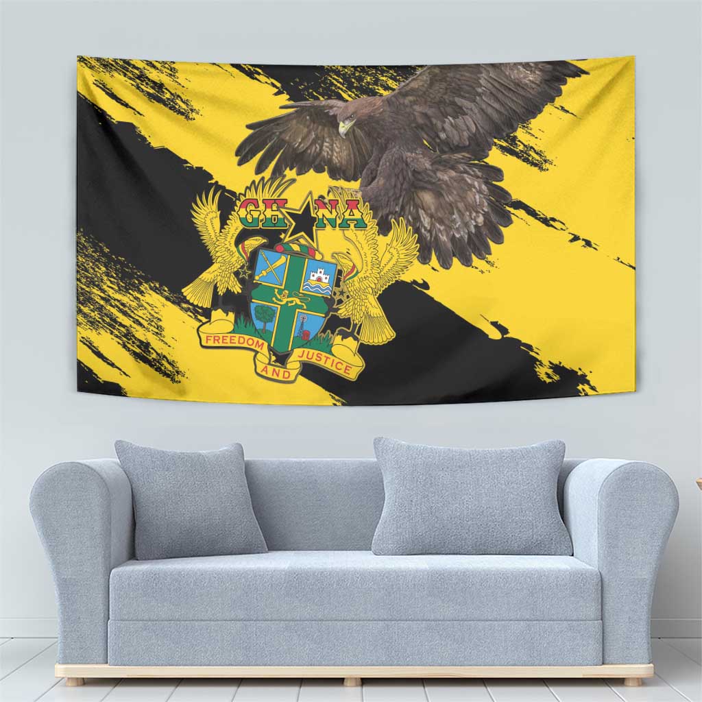 Ghana eagle coat of arms tapestry with gray bird and shield emblem on yellow and black