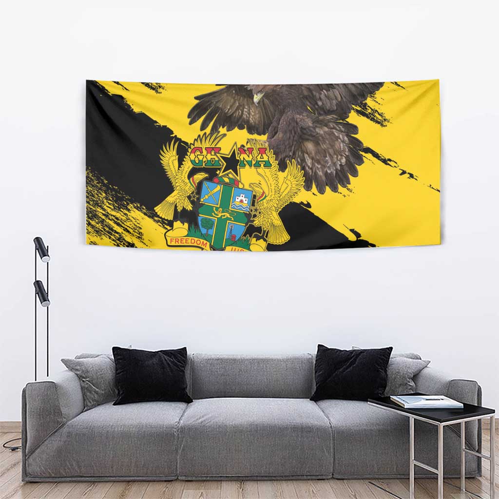 Ghana coat of arms tapestry featuring large gray eagle and colorful shield over yellow/black