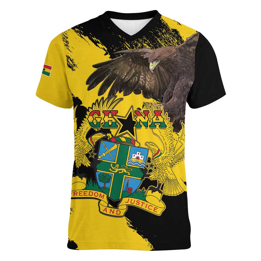 Ghana Eagle Women V-Neck T-Shirt Coat Of Arms - Grunge Style - Wonder Print Shop