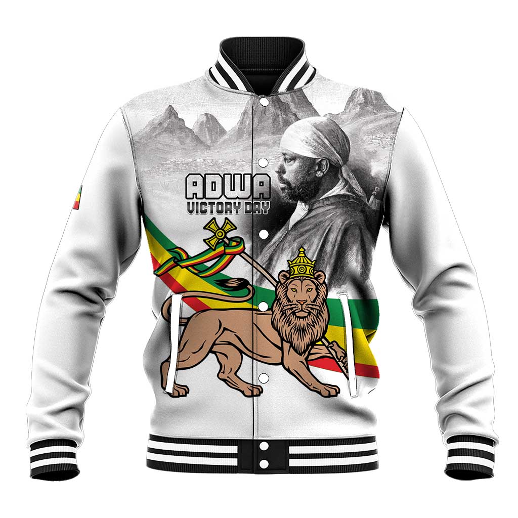 Men's white baseball jacket with striped collar, snap buttons, lion and mountain front graphic