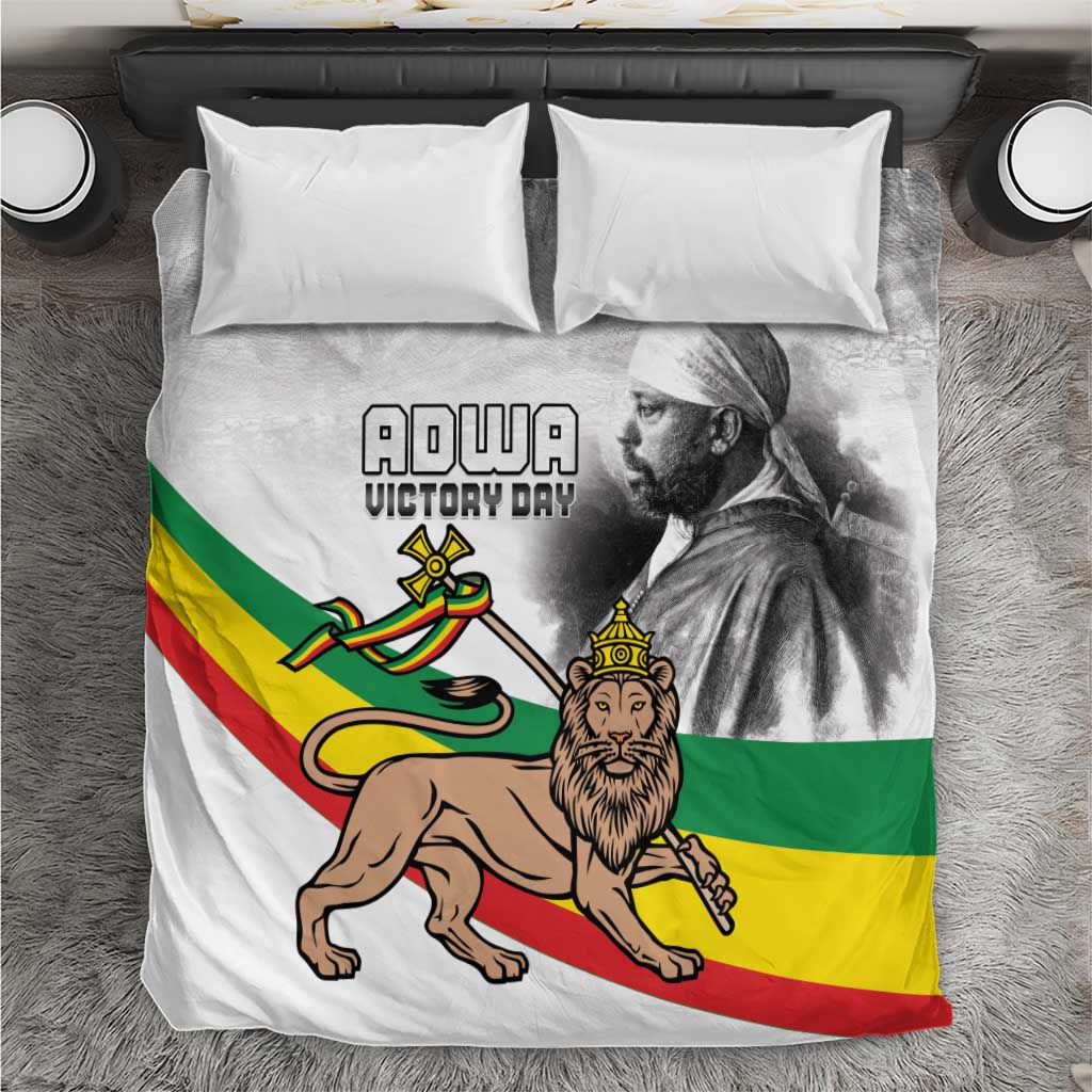 White duvet with multicolor lion and warrior graphic, paired with matching white pillowcases