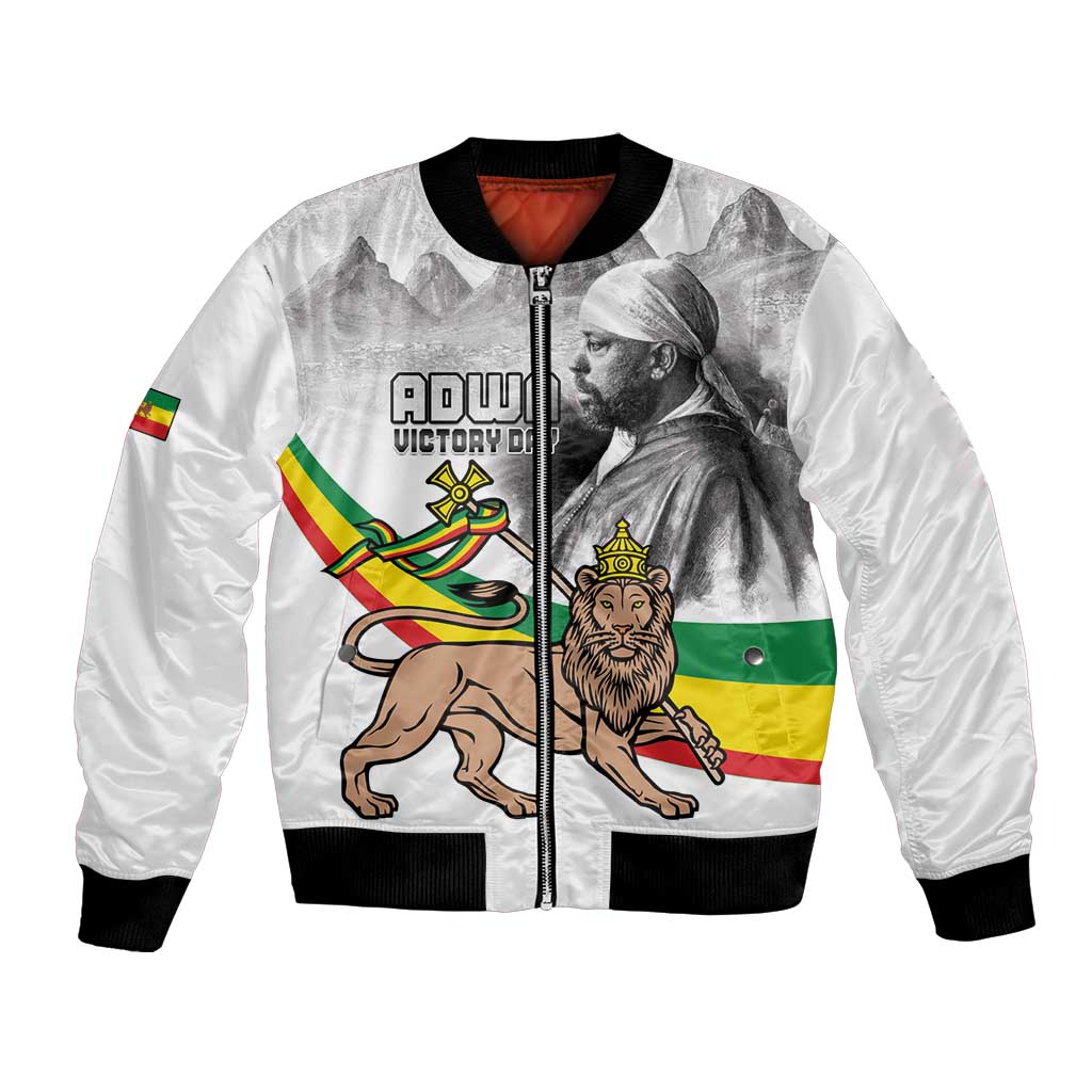 White bomber jacket with front zipper, lion portrait and colorful flag graphic