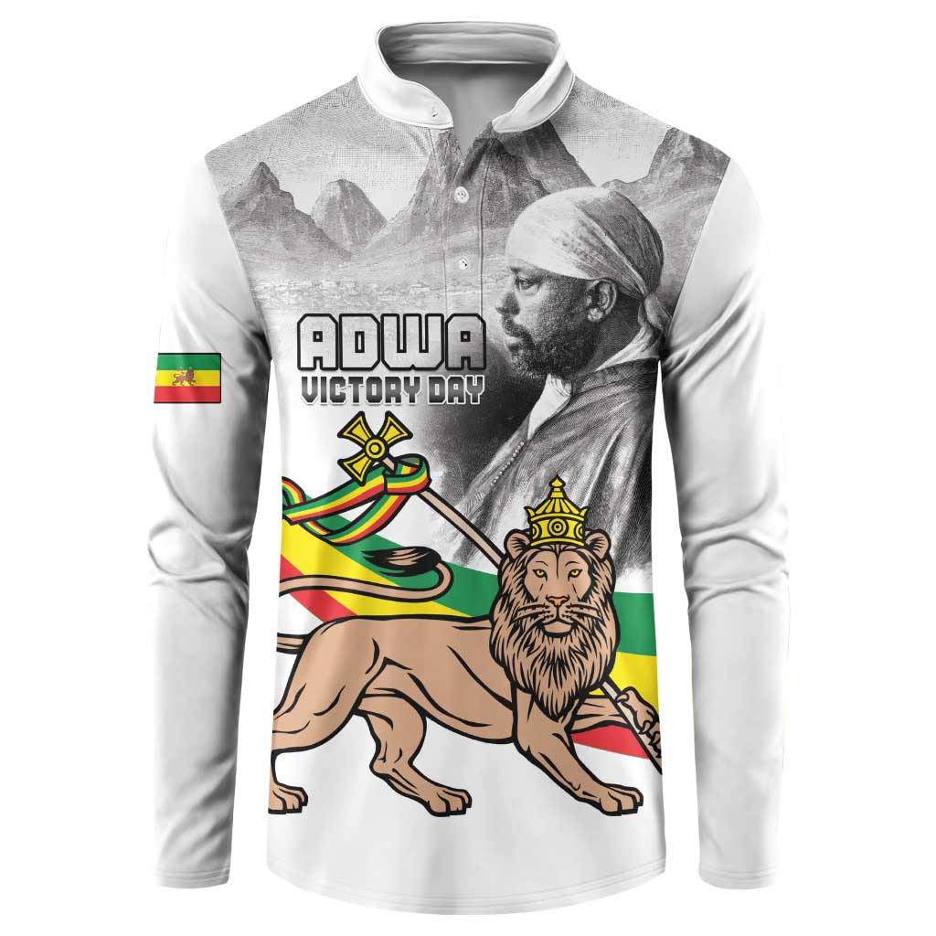 White men’s button-up sweatshirt with large graphic of lion and rider on front