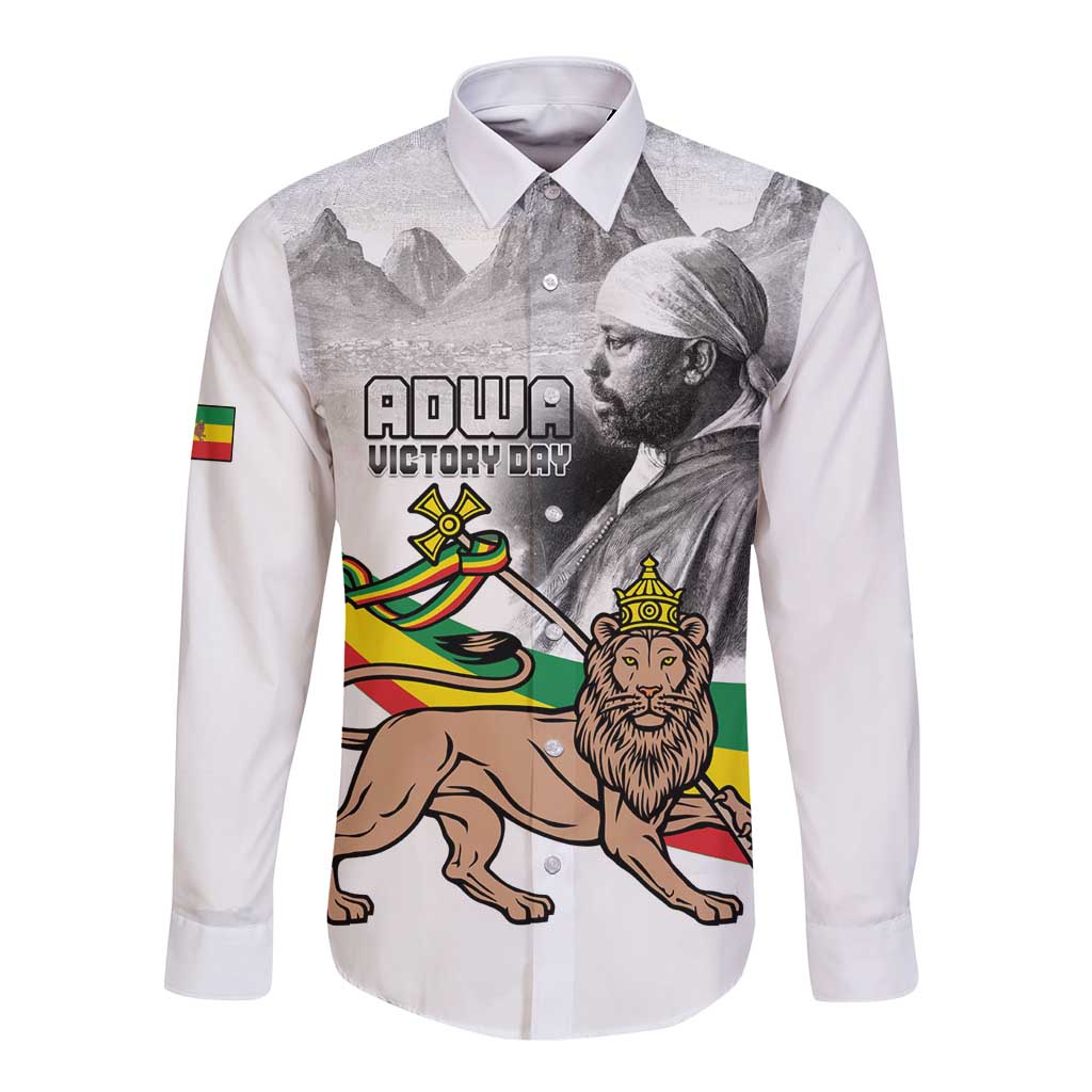 White long-sleeve button shirt with Victory Day graphic and lion illustration