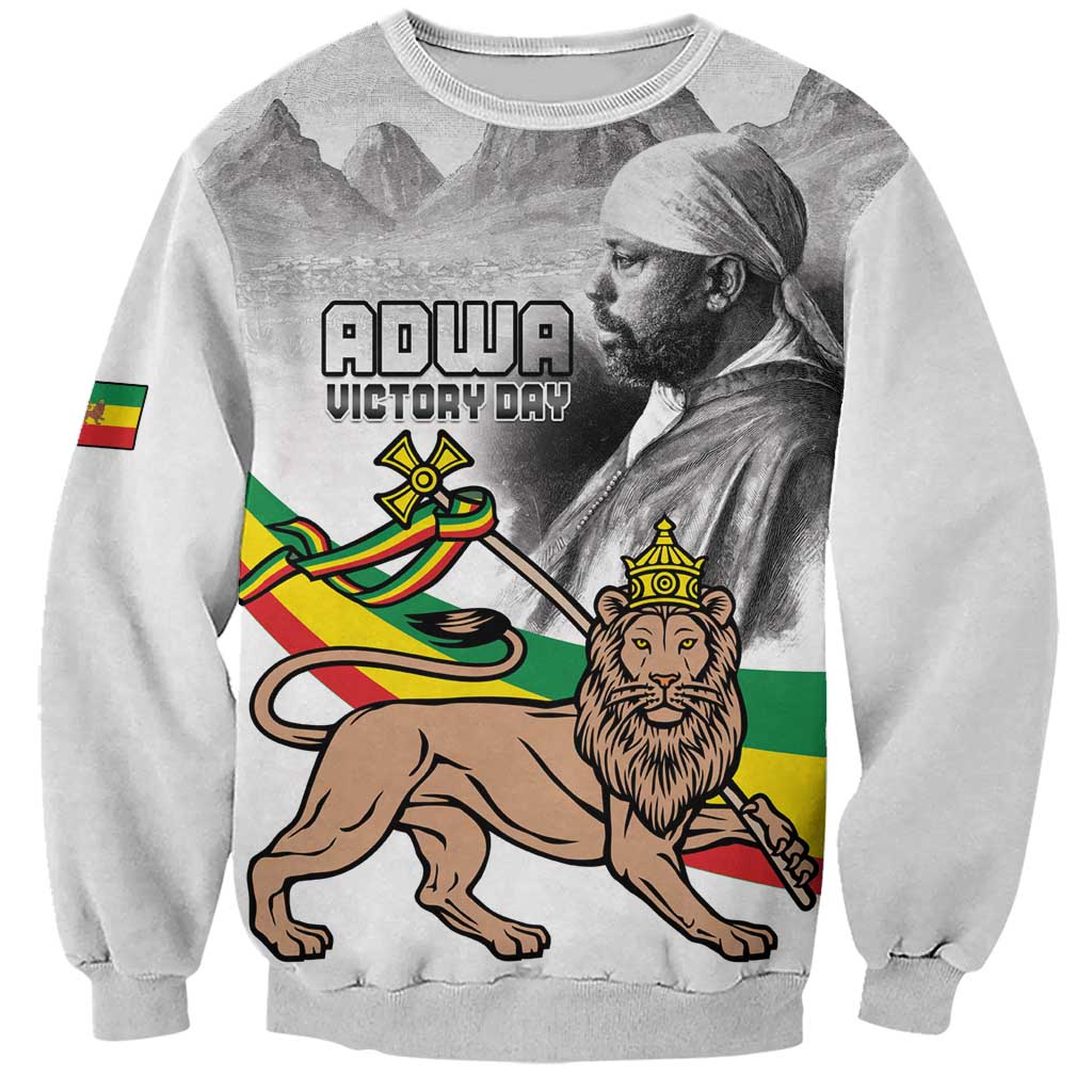 White unisex sweatshirt with Lion of Judah graphic and Ethiopian flag sleeve patch