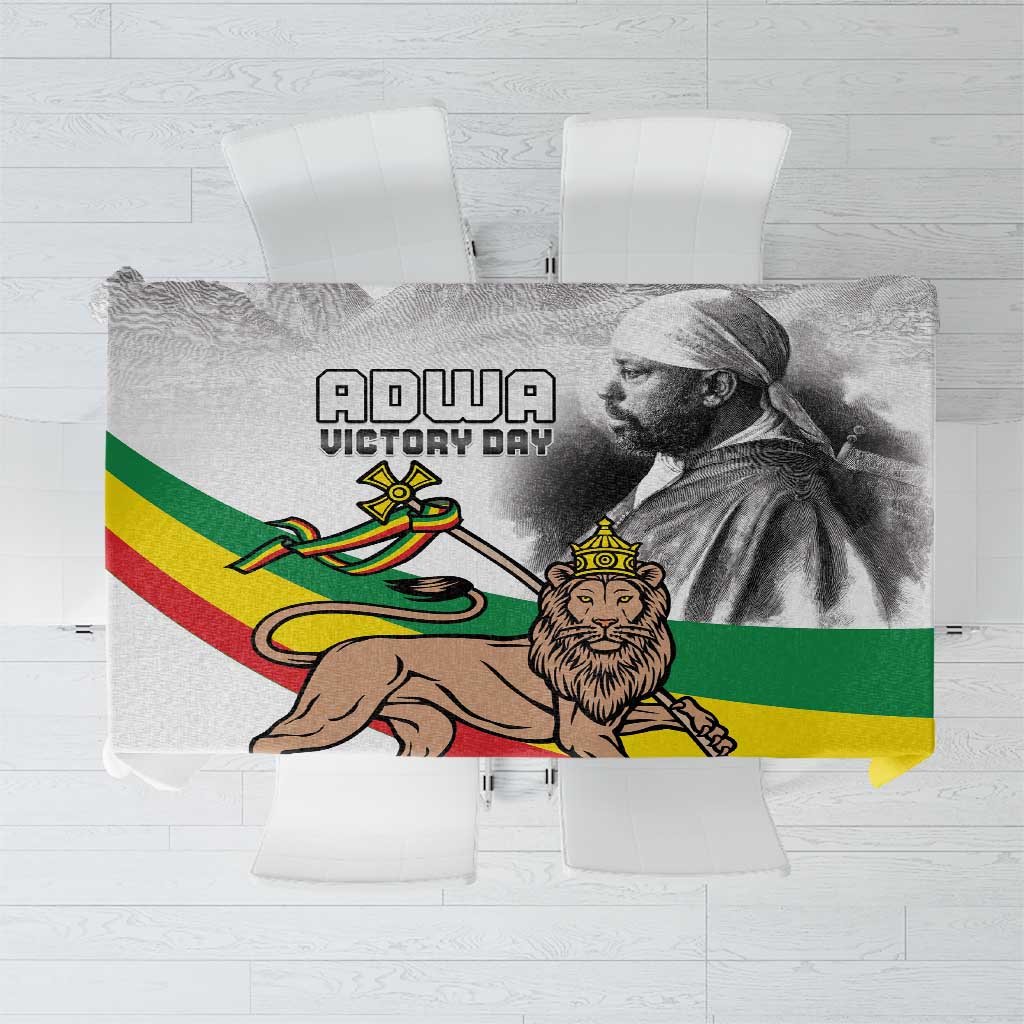 Adwa Victory Day tablecloth with Lion of Judah graphic and Ethiopian flag stripes