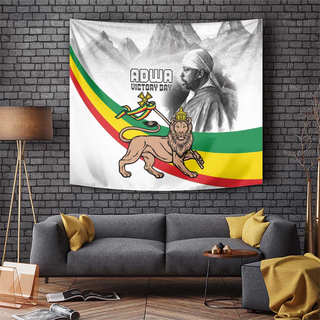 Adwa Victory Day tapestry featuring Menelik II and a Lion of Judah on a flag-style design