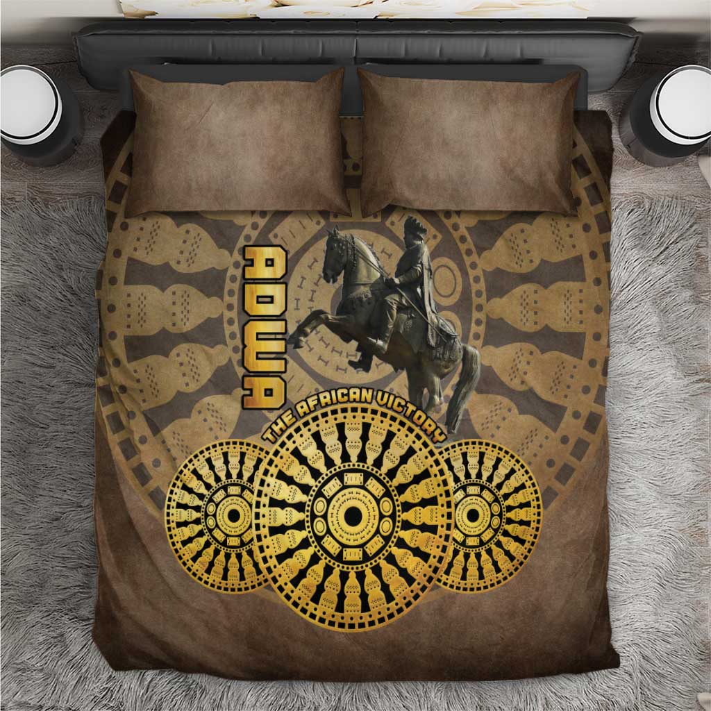 Brown bedding set with two matching pillows, gold horse and circular tribal graphic