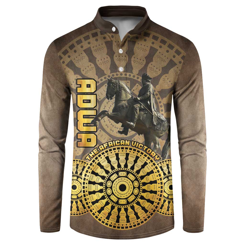 Brown button henley sweatshirt with bold African victory graphic and circular pattern
