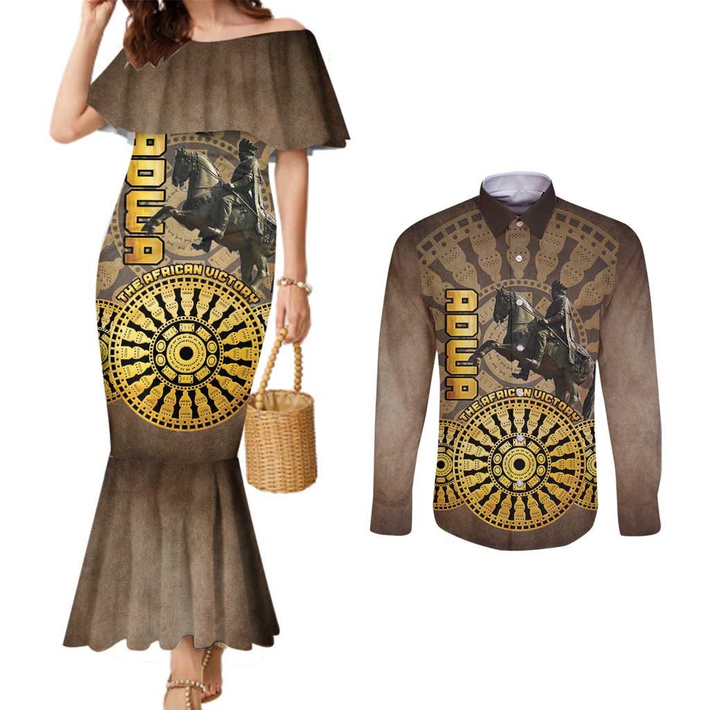 Adwa Victory of Ethiopia Couples Matching Mermaid Dress and Long Sleeve Button Shirt African Victory In The Age Of Empire