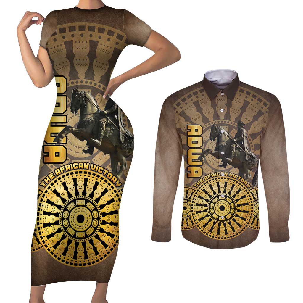 Adwa Victory of Ethiopia Couples Matching Short Sleeve Bodycon Dress and Long Sleeve Button Shirt African Victory In The Age Of Empire