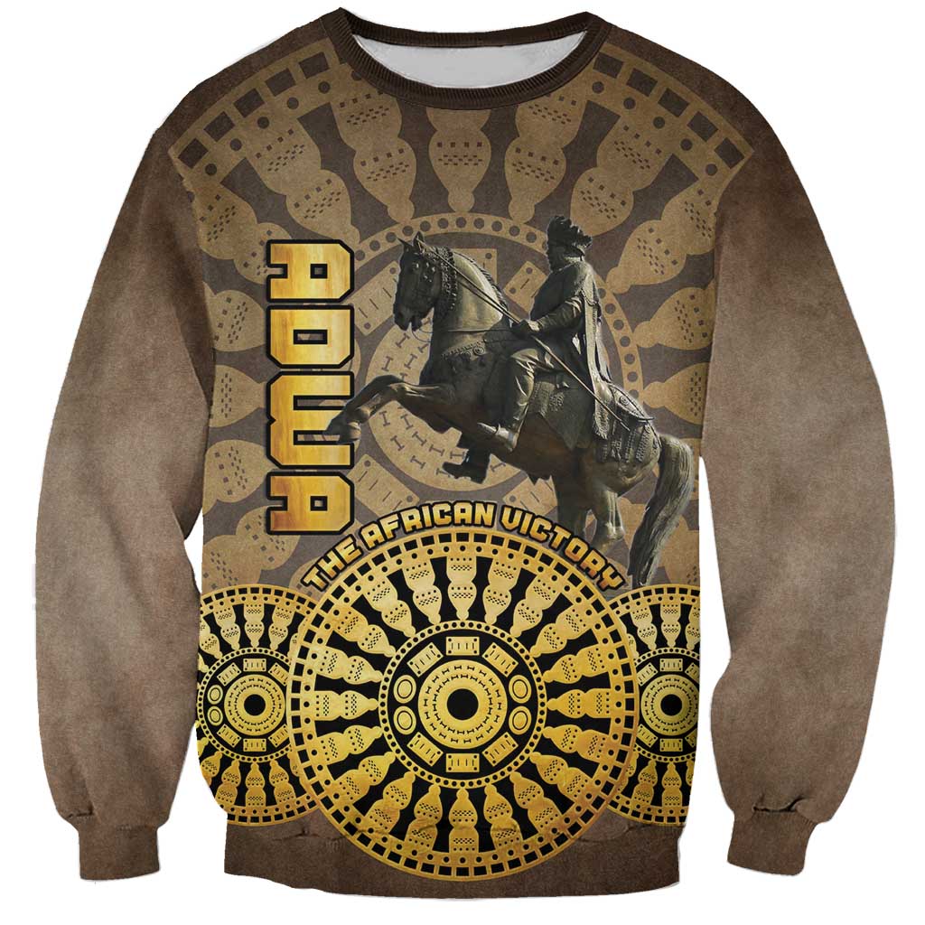 Brown unisex sweatshirt with central warrior graphic and circular gold geometric medallion
