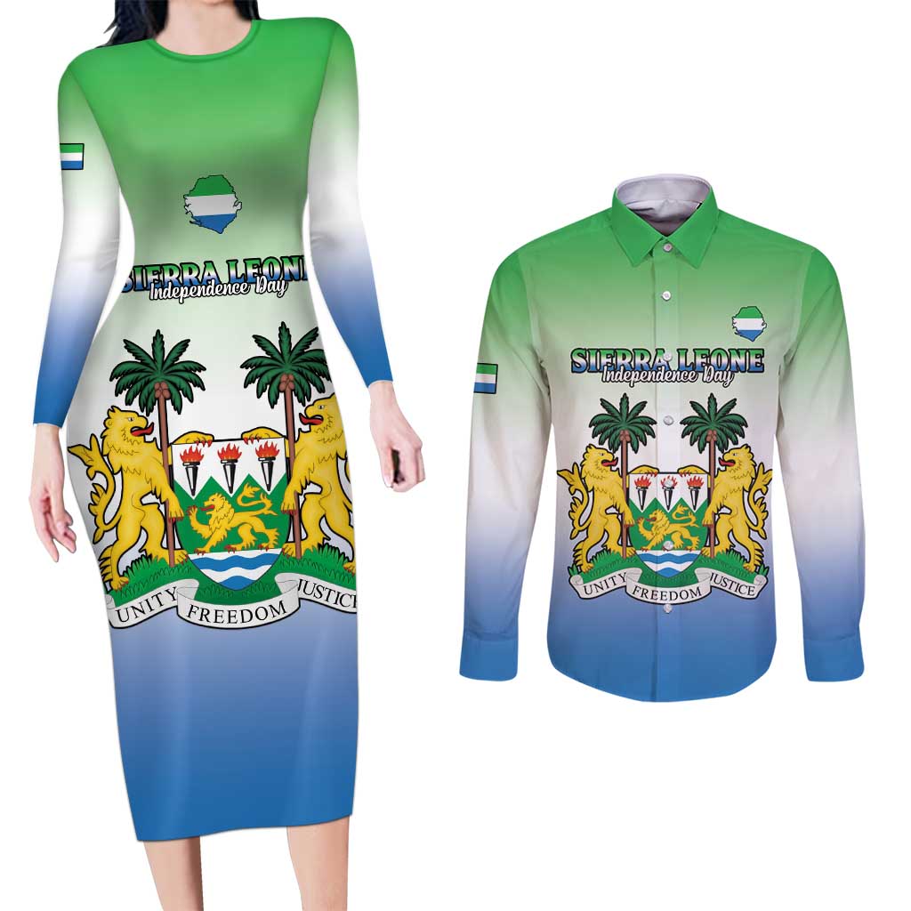 Personalised Sierra Leone Couples Matching Long Sleeve Bodycon Dress and Long Sleeve Button Shirt Happy Independence Day