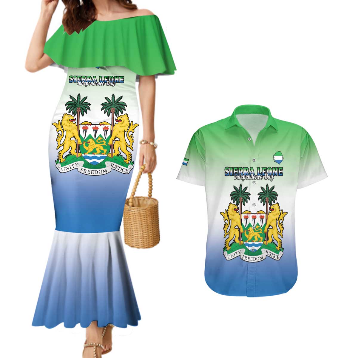 Personalised Sierra Leone Couples Matching Mermaid Dress and Hawaiian Shirt Happy Independence Day