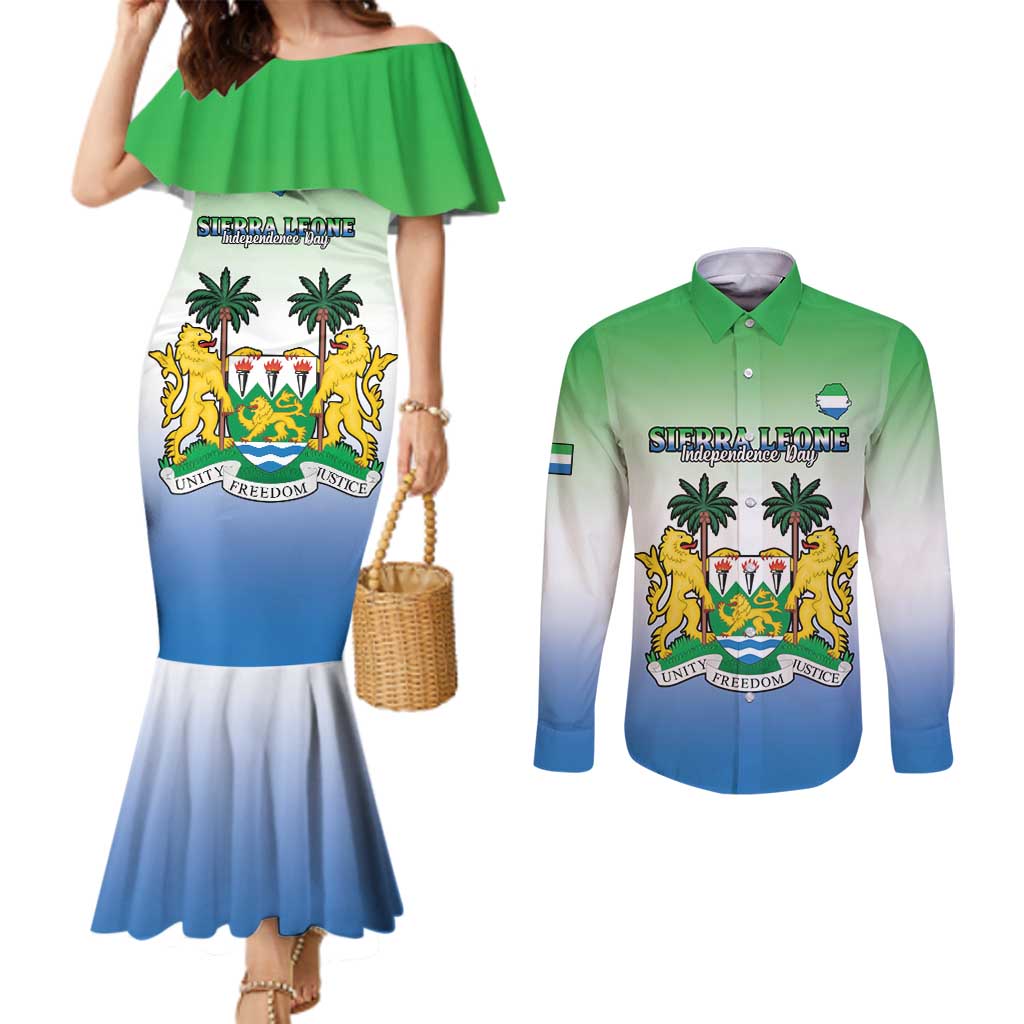 Personalised Sierra Leone Couples Matching Mermaid Dress and Long Sleeve Button Shirt Happy Independence Day