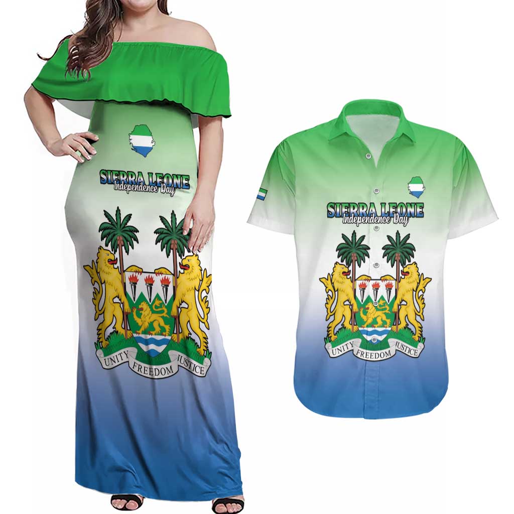 Personalised Sierra Leone Couples Matching Off Shoulder Maxi Dress and Hawaiian Shirt Happy Independence Day