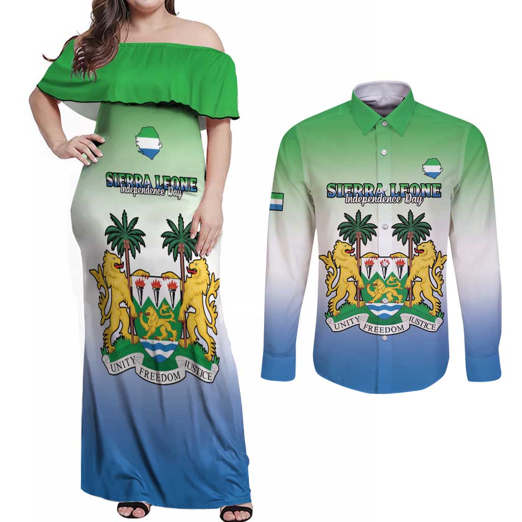 Personalised Sierra Leone Couples Matching Off Shoulder Maxi Dress and Long Sleeve Button Shirt Happy Independence Day