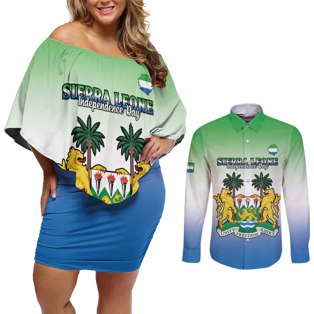 Personalised Sierra Leone Couples Matching Off Shoulder Short Dress and Long Sleeve Button Shirt Happy Independence Day