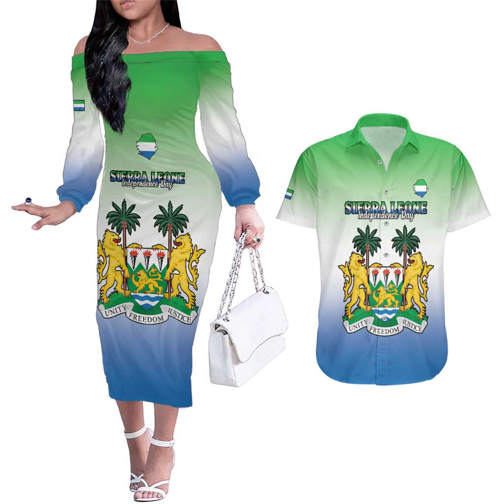 Personalised Sierra Leone Couples Matching Off The Shoulder Long Sleeve Dress and Hawaiian Shirt Happy Independence Day