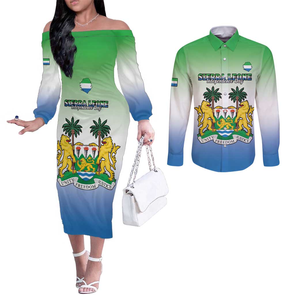 Personalised Sierra Leone Couples Matching Off The Shoulder Long Sleeve Dress and Long Sleeve Button Shirt Happy Independence Day