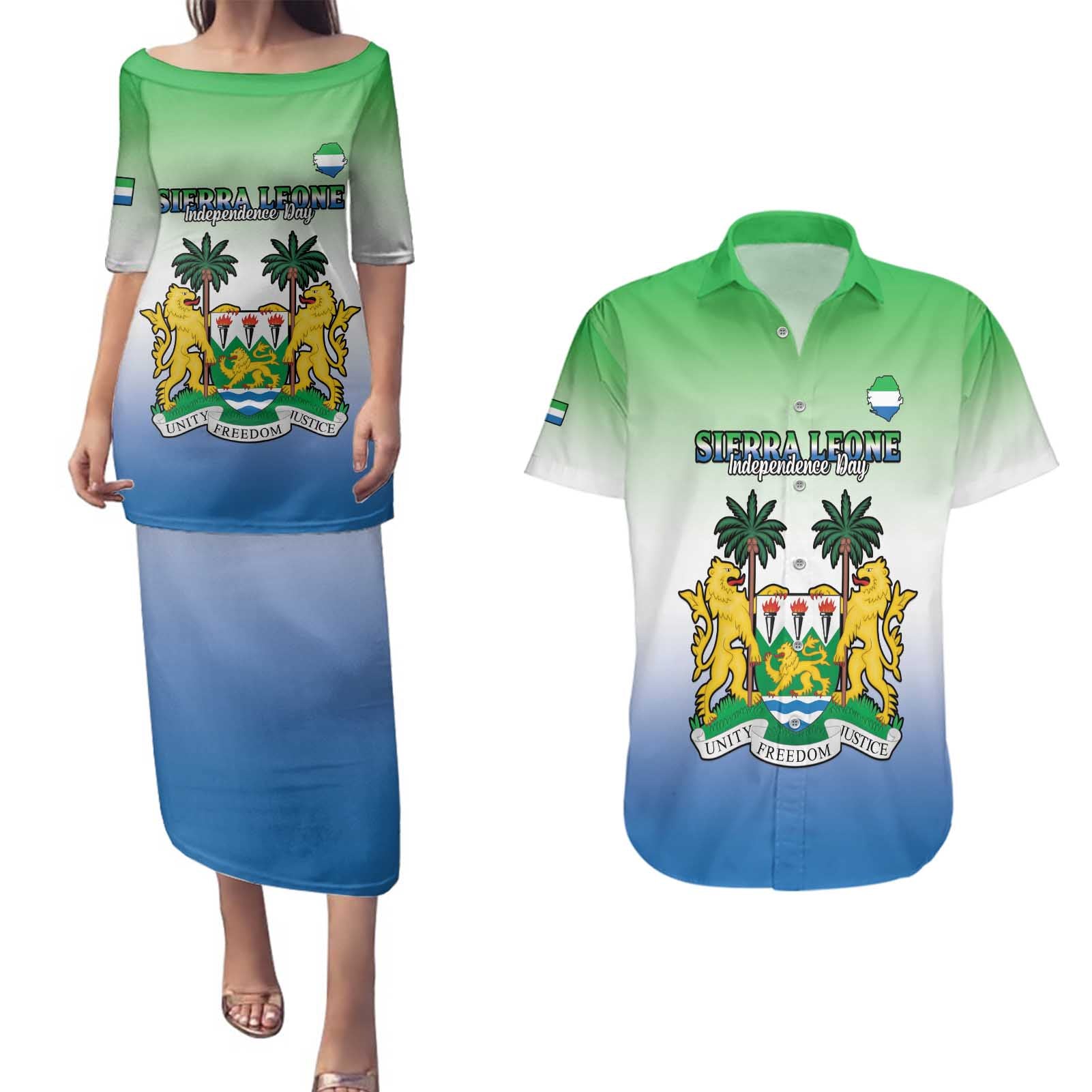 Personalised Sierra Leone Couples Matching Puletasi and Hawaiian Shirt Happy Independence Day