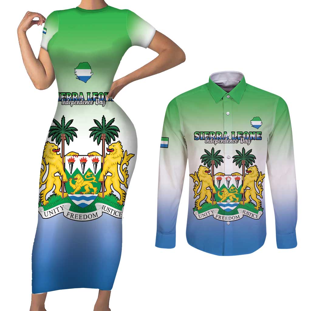 Personalised Sierra Leone Couples Matching Short Sleeve Bodycon Dress and Long Sleeve Button Shirt Happy Independence Day